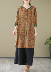 Print1 Linen Shirt Dresses O-Neck Oversized Lantern Sleeve