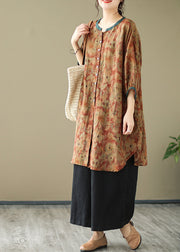 Print5 Linen Shirt Dresses O-Neck Oversized Lantern Sleeve