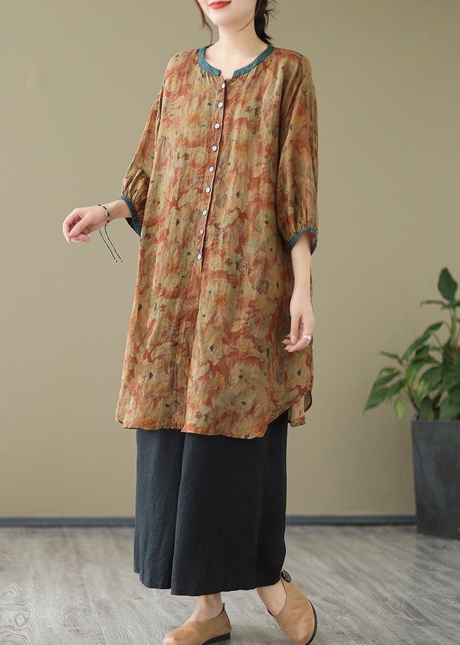 Print2 Linen Shirt Dresses O-Neck Oversized Lantern Sleeve