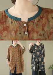 Print4 Linen Shirt Dresses O-Neck Oversized Lantern Sleeve