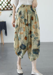 Khaki Print Pockets Patchwork Linen Crop Pants Cinched Summer