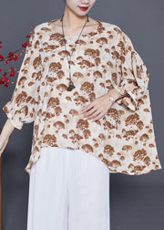 Khaki Print Silk Shirt Oversized Low High Design Batwing Sleeve