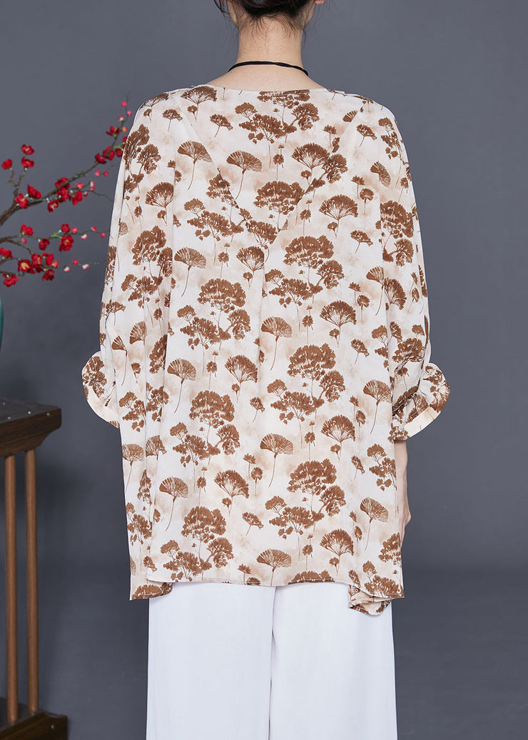 Khaki Print Silk Shirt Oversized Low High Design Batwing Sleeve