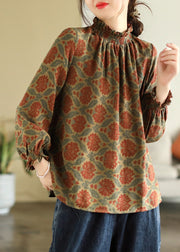 Khaki Ruffled Patchwork Wrinkled Top Spring