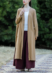 Khaki Side Open Patchwork Cotton Long Coat O Neck Long Sleeve