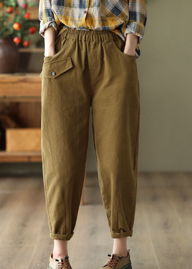 Khaki Slim Fit Cotton Harem Pants High Waist Pockets Fall