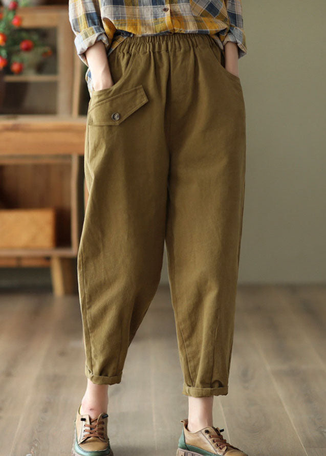 Khaki Slim Fit Cotton Harem Pants High Waist Pockets Fall