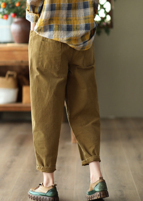 Khaki Slim Fit Cotton Harem Pants High Waist Pockets Fall