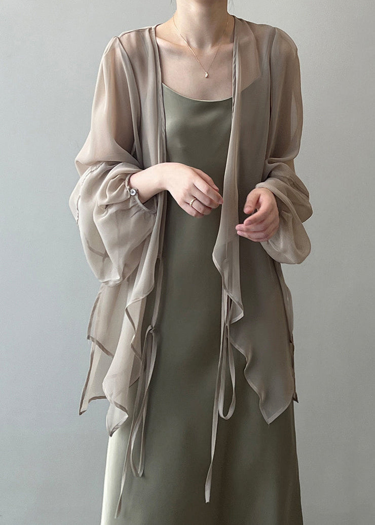 Khaki Solid Chiffon Cardigan Lace Up Long Sleeve