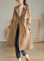 Khaki Solid Color Cotton Trench Coats Oversized Notched Fall