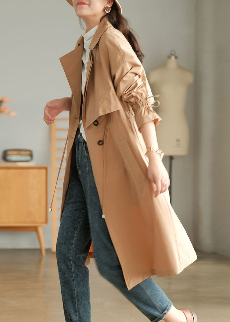 Khaki Solid Color Cotton Trench Coats Oversized Notched Fall