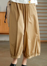Khaki Solid Pockets Cotton Wide Leg Pants High Waist Summer