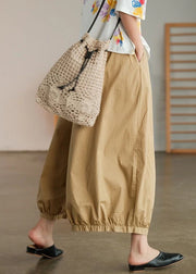 Khaki Solid Pockets Cotton Wide Leg Pants High Waist Summer