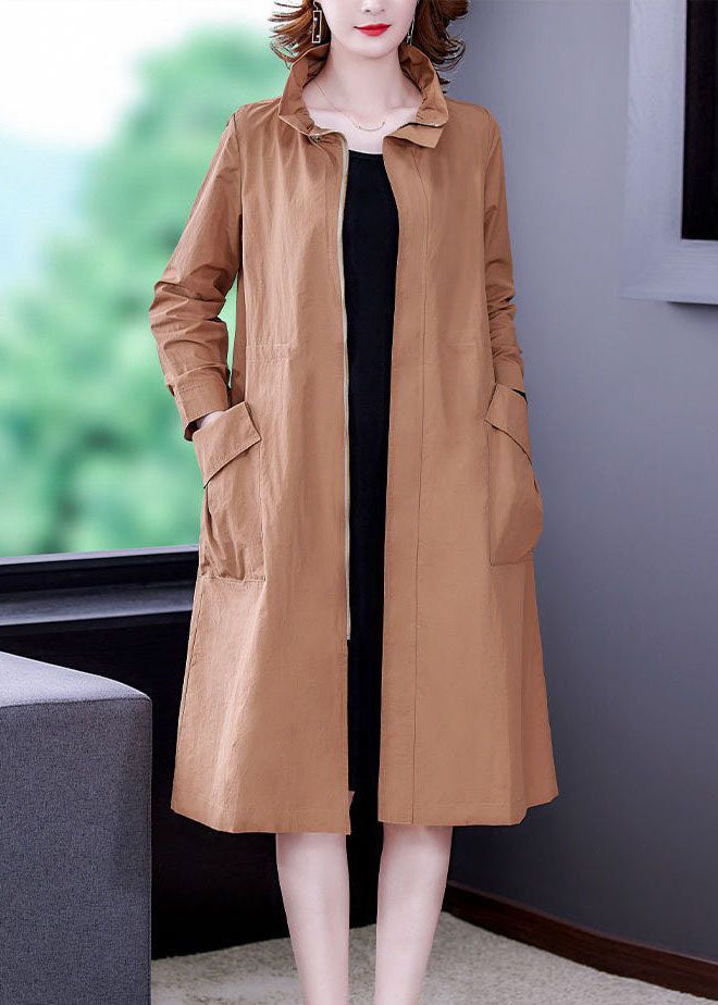 Khaki Solid Silk Trench Drawstring Zippered Long Sleeve