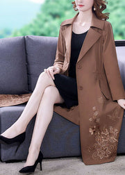 Khaki Solid Spandex Cinch Trench Coat Notched Collar Fall