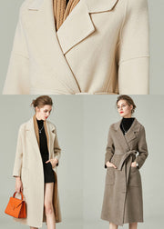 Khaki Solid Woolen Warp Coats Peter Pan Collar Sashes Winter