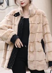 Khaki Stand Collar Zippered Mink Velvet Coat Winter