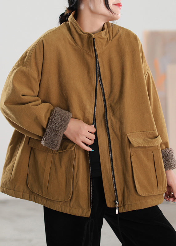 Khaki Stand Collar Zippered Pockets Coats Winter