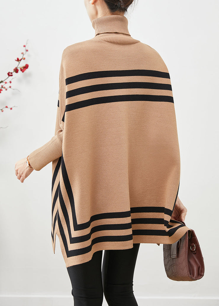 Khaki Striped Knit Top Oversized High Neck Batwing Sleeve