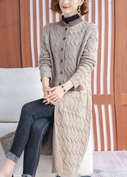 Khaki Thick Knit Long Cardigans Button Pockets Winter