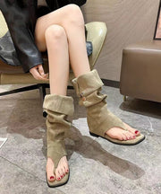 Khaki Thong Sandals Boots Peep Toe Splicing Suede Wedge