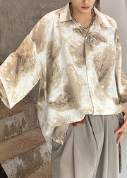 Khaki Tie Dye Ice Silk Men Shirts Peter Pan Collar Summer