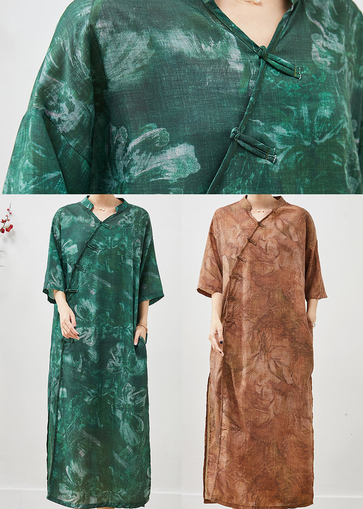 Khaki Tie Dye Linen Long Dresses Chinese Button Summer