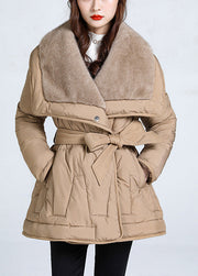 Khaki Tie Waist Duck Down Down Jacket Peter Pan Collar Winter