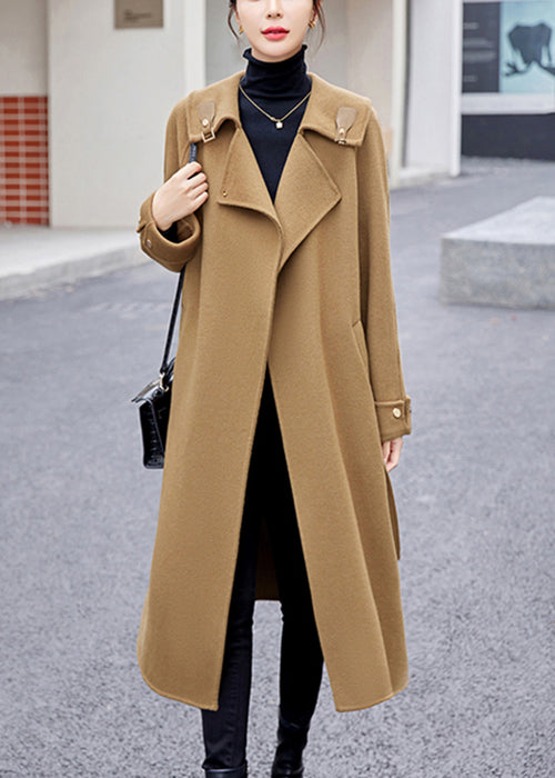 Khaki Tie Waist Patchwork Cashmere Coat Sailor Collar Long Sleeve