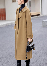 Khaki Tie Waist Patchwork Cashmere Coat Sailor Collar Long Sleeve