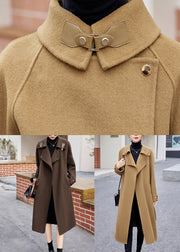 Khaki Tie Waist Patchwork Cashmere Coat Sailor Collar Long Sleeve