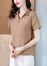 Khaki Versatile Cotton Shirt Top Peter Pan Collar Summer