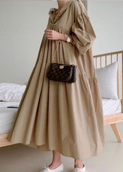 Khaki Wrinkled Cotton Dresses Oversized Exra Large Hem Lantern Sleeve