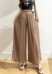 Khaki Wrinkled Lace Up Chiffon Wide Leg Pants High Waist