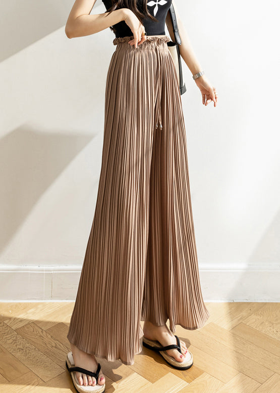 Khaki Wrinkled Lace Up Chiffon Wide Leg Pants High Waist