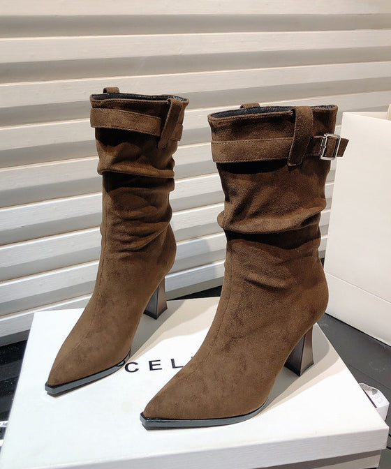 Khaki Wrinkled Splicing Suede Chunky Boots Pointed Toe