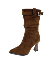 Khaki Wrinkled Splicing Suede Chunky Boots Pointed Toe