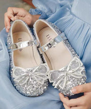 Kids Girls Buckle Strap Princess Flat Shoes For Silver Faux Leather Zircon