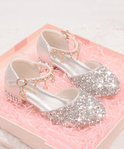 Kids Girls Faux Leather Princess Flats Buckle Strap Silver Zircon