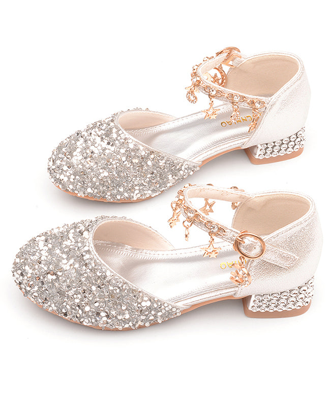 Kids Girls Faux Leather Princess Flats Buckle Strap Silver Zircon