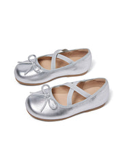 Kids Girls Silver Bow Cross Strap Princess Flat Shoes