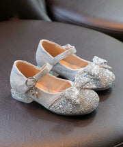 Kids Girls Silver Buckle Strap Bow Zircon Flat Shoes Faux Leather