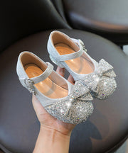 Kids Girls Silver Buckle Strap Bow Zircon Flat Shoes Faux Leather