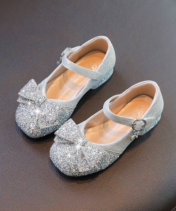 Kids Girls Silver Buckle Strap Bow Zircon Flat Shoes Faux Leather