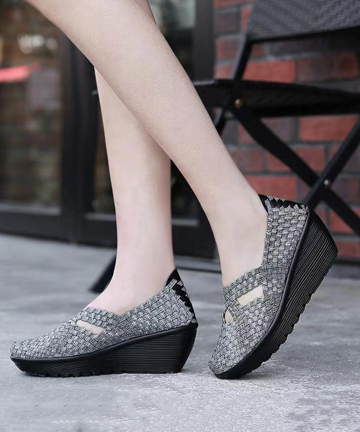 Knit Fabric Black Handmade Comfortable Splicing Wedge Heels