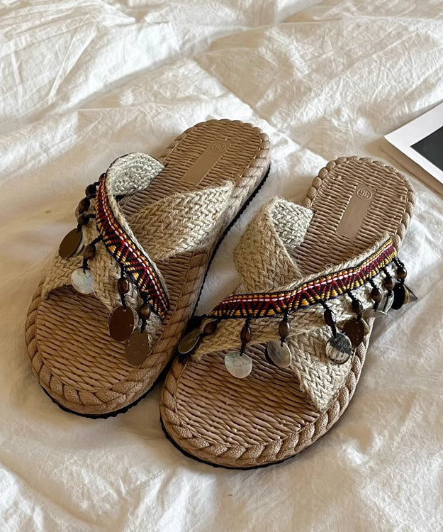 Knit Fabric Boho Splicing Tassel Peep Toe Slide Sandals