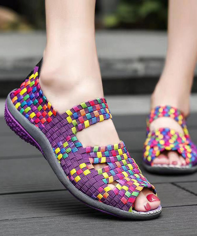 Knit Fabric Flat Shoes For Women Purple Splicing Peep Toe soolinen shoes-20251