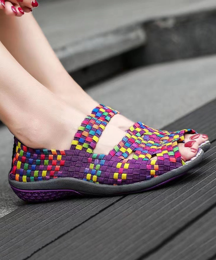 Knit Fabric Flat Shoes For Women Purple Splicing Peep Toe