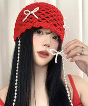 Korean Style Red Nail Bead Bow Hollow Out Boonie Hat