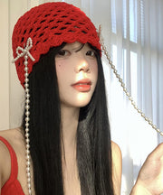 Korean Style Red Nail Bead Bow Hollow Out Boonie Hat